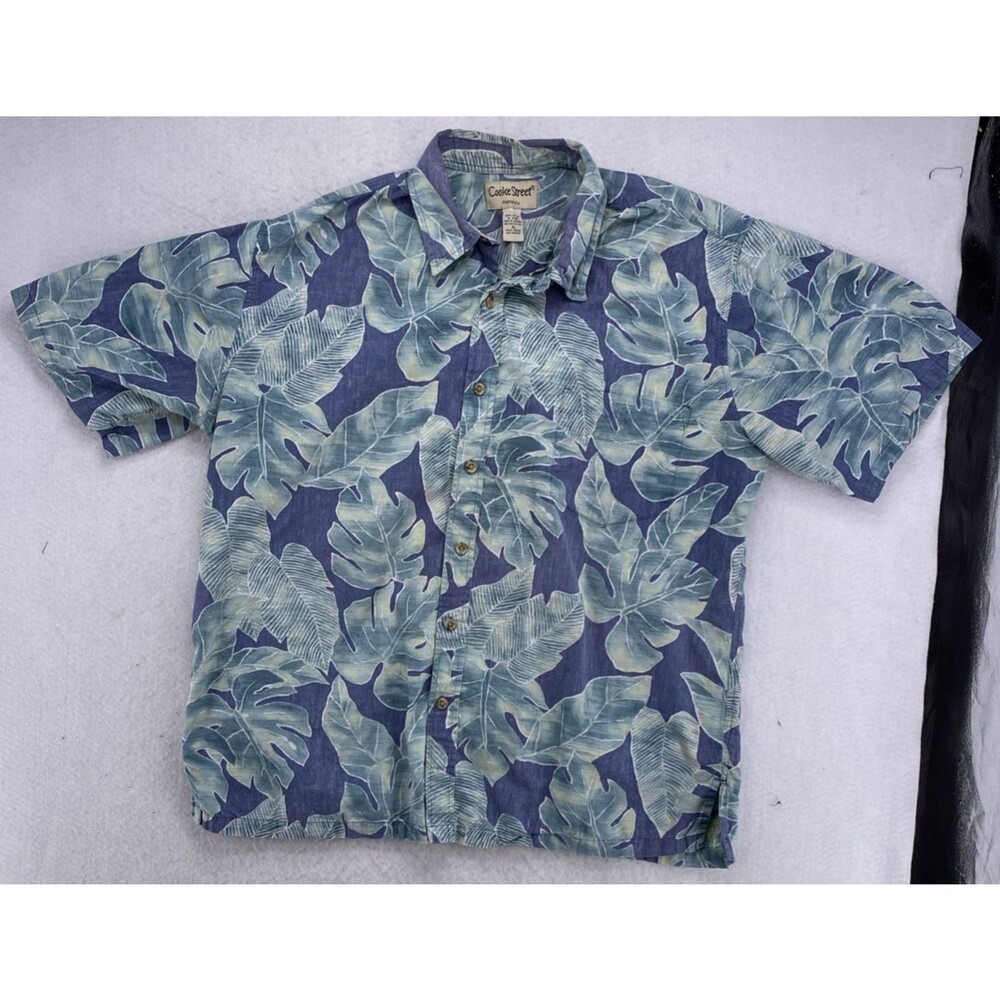 Cooke Street Honolulu Men's XL Hawaiian Shirt Blue Tropical Leaf Aloha Camp